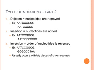 TYPES OF MUTATIONS – PART 2
1.   Deletion = nucleotides are removed
        Ex. AATCCGGCG
             AATCGGCG
2.   Insertion = nucleotides are added
        Ex. AATCCGGCG
             AATCCGGCCG
3.   Inversion = order of nucleotides is reversed
      Ex. AATCCGGCG
           GCGGCCTAA
      Usually occurs with big pieces of chromosomes
 