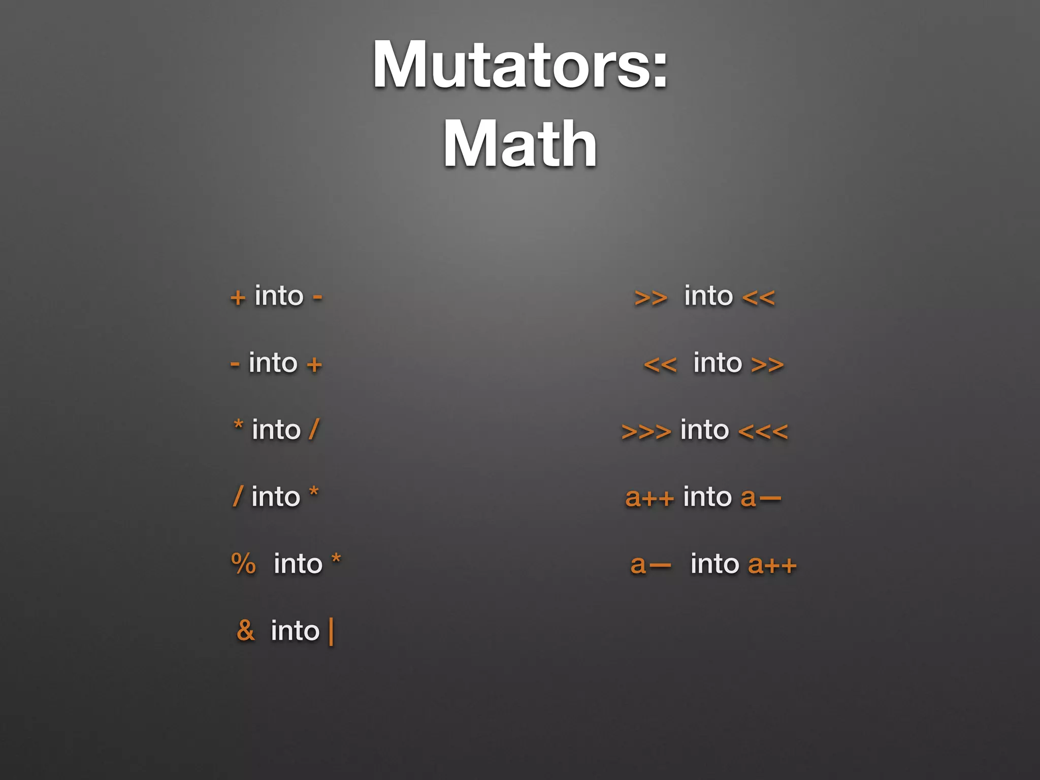 Mutators:  
Math
+ into -
- into +
* into /
/ into *
% into *
& into |
>> into <<
<< into >>
>>> into <<<
a++ into a—
a— into a++
 