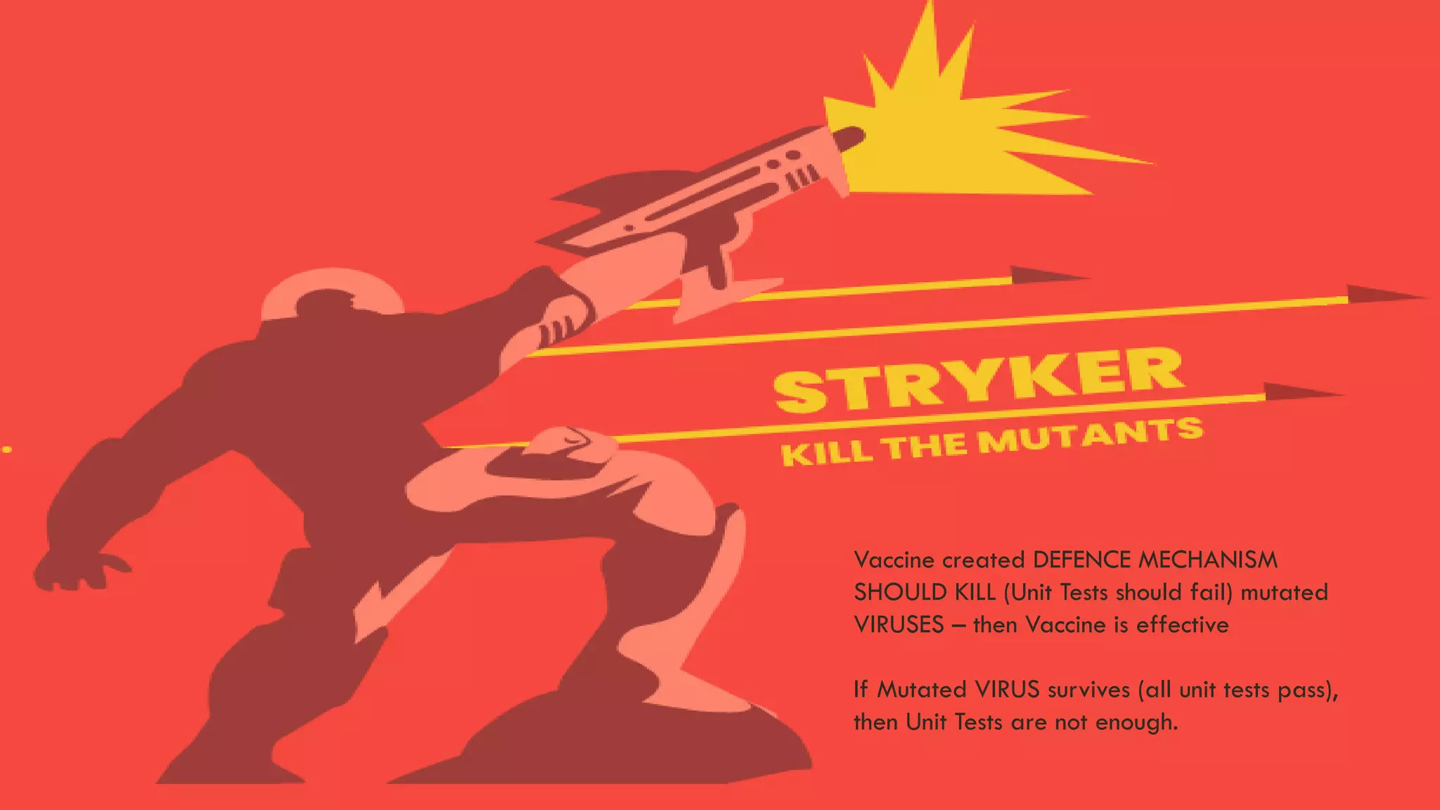 Vaccine created DEFENCE MECHANISM
SHOULD KILL (Unit Tests should fail) mutated
VIRUSES – then Vaccine is effective
If Mutated VIRUS survives (all unit tests pass),
then Unit Tests are not enough.
 
