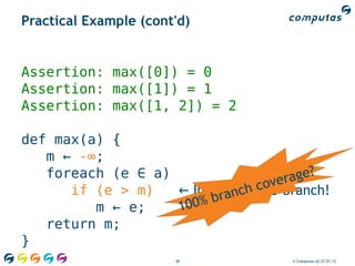 Practical Example (cont'd)


Assertion: max([0]) = 0
Assertion: max([1]) = 1
Assertion: max([1, 2]) = 2

def max(a) {
   m ← -∞;
   foreach (e ∈ a)                       ?
                                     rage
      if (e > m)               h cove
                   ← Implicitcelse-branch!
                           ran
         m ← e;    10 0% b
   return m;
}
                       38           © Computas AS 27.01.12
 