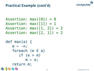 Practical Example (cont'd)


Assertion:    max([0]) = 0
Assertion:    max([1]) = 1
Assertion:    max([1, 2]) = 2
Assertion...