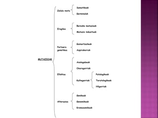 Somatikoak
Zelula-mota
Germinalak
Berezko mutazioak
Eragilea
Mutazio induzituak
Gainartzaileak
Portaera
genetikoa Azpirakorrak
MUTAZIOAK
Axolagabeak
Onuragarriak
Efektua Patologikoak
Kaltegarriak Teratologikoak
Hilgarriak
Genikoak
Alterazioa Genomikoak
Kromosomikoak
 