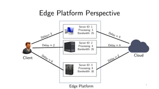 Edge Platform Perspective
Client
Server ID: 1
Processing: 3
Bandwidth: 25
Server ID: 2
Processing: 4
Bandwidth: 20
Server ID: 3
Processing: 6
Bandwidth: 30
Edge Platform
Delay= 3
Delay = 2
Delay =
6
Delay = 5
Delay = 6
Delay = 2 Cloud
7
 