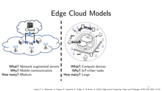 Edge Cloud Models
Cloud
Fog
Lopez, P. G., Montresor, A., Epema, D., Iamnitchi, A., Felber, P., & Riviere, E. (2015). Edge-centric Computing : Vision and Challenges. ACM CCR, 45(5), 37–42.
What?:
Why?:
How many?:
Network augmented servers
Mobile communication
Medium
What?:
Why?:
How many?:
Compute devices
IoT+User tasks
Large
63
 
