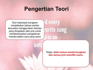 Pengertian Teori
Teori kelompok bungkam
menjelaskan bahwa wanita
berusaha menggunakan bahasa
yang diciptakan oleh pria untuk
mendeskripsikan pengalaman
mereka dalam cara yang sama
Tetapi, tidak semua wanita bungkam
dan semua pria memiliki suara.
 