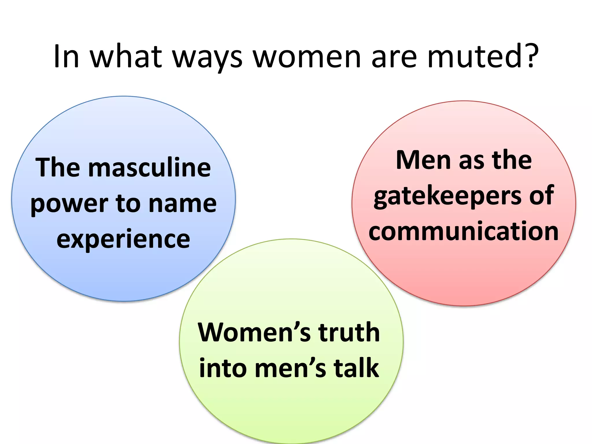 In what ways women are muted?Men as the gatekeepers of communicationThe masculine power to name experience Women’s truth into men’s talk