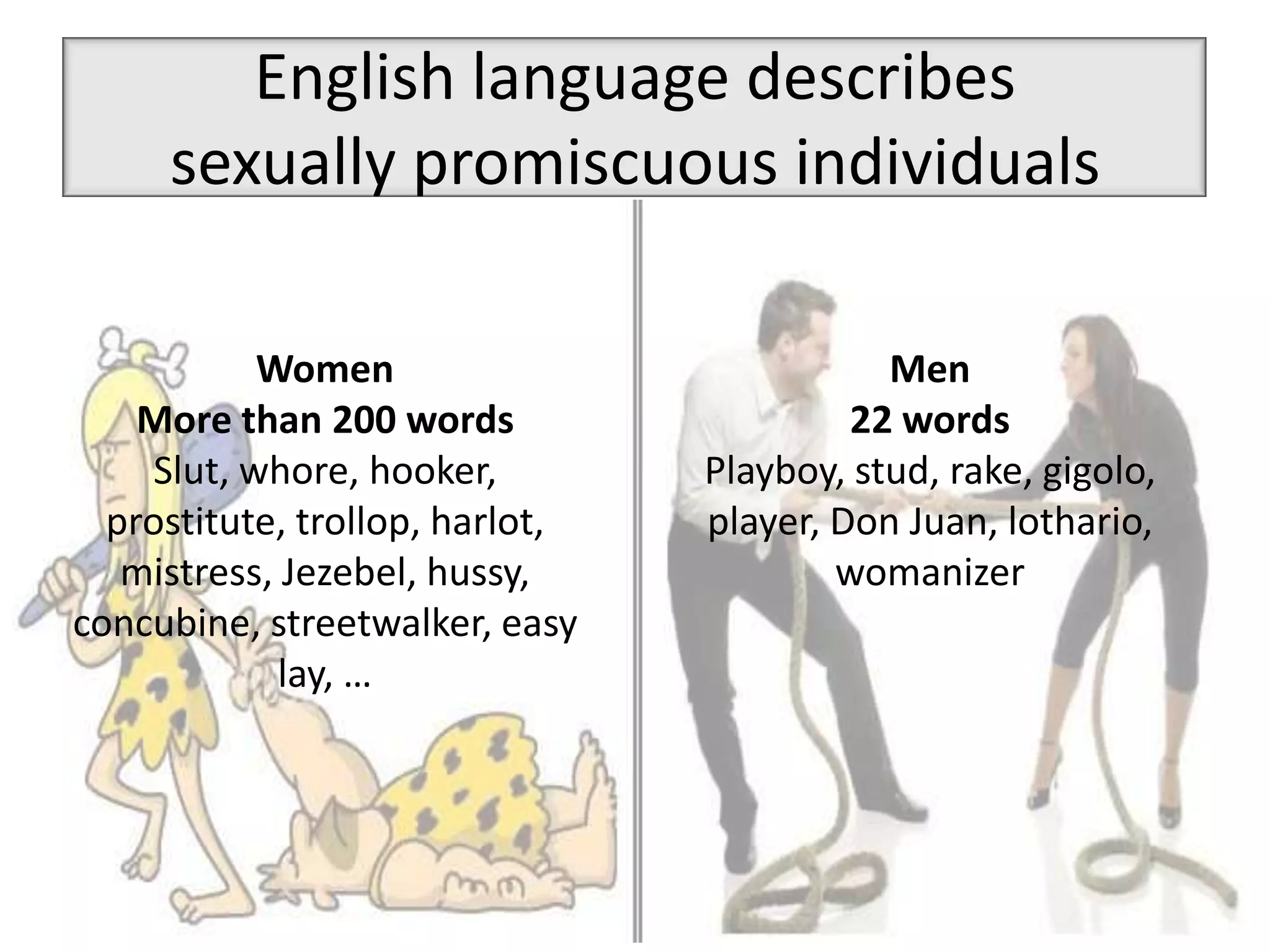English language describes sexually promiscuous individuals Women More than 200 wordsSlut, whore, hooker, prostitute, trollop, harlot, mistress, Jezebel, hussy, concubine, streetwalker, easy lay, …Men22 wordsPlayboy, stud, rake, gigolo, player, Don Juan, lothario, womanizer