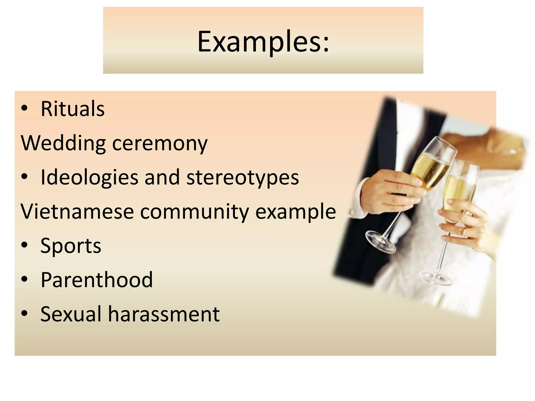 Examples: Rituals Wedding ceremonyIdeologies and stereotypesVietnamese community exampleSportsParenthoodSexual harassment