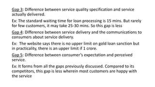 Gap 3: Difference between service quality specification and service
actually delivered.
Ex: The standard waiting time for loan processing is 15 mins. But rarely
for few customers, it may take 25-30 mins. So this gap is less
Gap 4: Difference between service delivery and the communications to
consumers about service delivery.
Ex: The website says there is no upper limit on gold loan sanction but
in practicality, there is an upper limit if 1 crore.
Gap 5: Difference between consumer’s expectation and perceived
service.
Ex: It forms from all the gaps previously discussed. Compared to its
competitors, this gap is less wherein most customers are happy with
the service
 