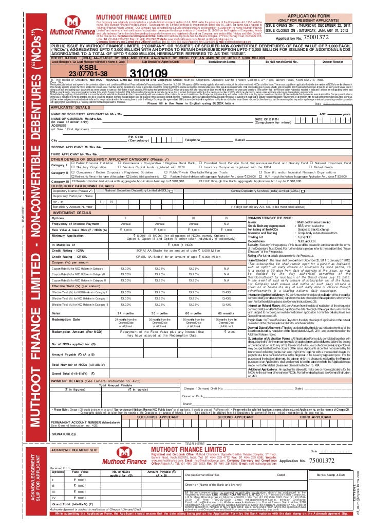 Muthoot finance limited ncd application form dec 2011 jan 2012