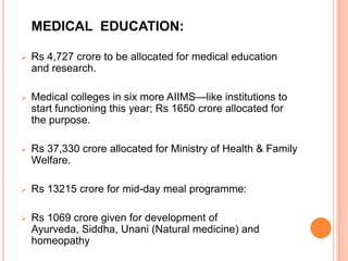 MEDICAL EDUCATION:
 Rs 4,727 crore to be allocated for medical education
and research.
 Medical colleges in six more AIIMS—like institutions to
start functioning this year; Rs 1650 crore allocated for
the purpose.
 Rs 37,330 crore allocated for Ministry of Health & Family
Welfare.
 Rs 13215 crore for mid-day meal programme:
 Rs 1069 crore given for development of
Ayurveda, Siddha, Unani (Natural medicine) and
homeopathy
 