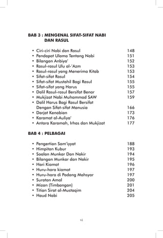 Mutiara Berharga Pada Menyatakan Aqidah Orang Yang Beriman 
BAB 3 : MENGENAL SIFAT-SIFAT NABI 
vi 
DAN RASUL 
• Ciri-ciri Nabi dan Rasul 148 
• Pendapat Ulama Tentang Nabi 151 
• Bilangan Anbiya’ 152 
• Rasul-rasul Ulu al-’Azm 153 
• Rasul-rasul yang Menerima Kitab 153 
• Sifat-sifat Rasul 154 
• Sifat-sifat Mustahil Bagi Rasul 155 
• Sifat-sifat yang Harus 155 
• Dalil Rasul-rasul Bersifat Benar 157 
• Mukjizat Nabi Muhammad SAW 159 
• Dalil Harus Bagi Rasul Bersifat 
Dengan Sifat-sifat Manusia 166 
• Darjat Kenabian 173 
• Karamat al-Auliya’ 176 
• Antara Karamah, Irhas dan Mukjizat 177 
BAB 4 : PELBAGAI 
• Pengertian Sam’iyyat 188 
• Himpitan Kubur 193 
• Soalan Munkar Dan Nakir 194 
• Bilangan Munkar dan Nakir 195 
• Hari Kiamat 196 
• Huru-hara kiamat 197 
• Huru-hara di Padang Mahsyar 197 
• Suratan Amal 200 
• Mizan (Timbangan) 201 
• Titian Sirat al-Mustaqim 204 
• Haud Nabi 205 
 