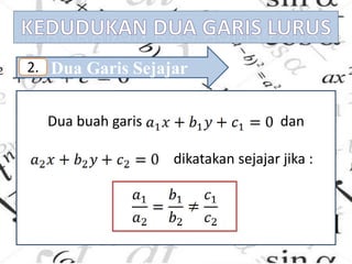 Dua Garis Sejajar2.
Dua buah garis dan
dikatakan sejajar jika :
 