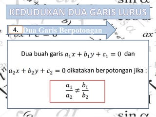 Dua Garis Berpotongan4.
Dua buah garis dan
dikatakan berpotongan jika :
 