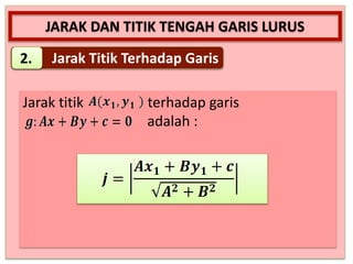 JARAK DAN TITIK TENGAH GARIS LURUS
Jarak Titik Terhadap Garis2.
Jarak titik terhadap garis
adalah :
 