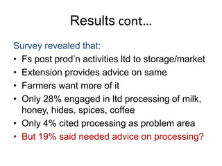 Results cont…
Survey revealed that:
• Fs post prod’n activities ltd to storage/market
• Extension provides advice on same
• Farmers want more of it
• Only 28% engaged in ltd processing of milk,
honey, hides, spices, coffee
• Only 4% cited processing as problem area
• But 19% said needed advice on processing?
 