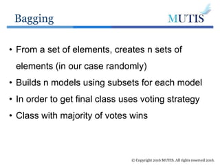 Bagging
© Copyright 2016 MUTIS. All rights reserved 2016.
• From a set of elements, creates n sets of
elements (in our case randomly)
• Builds n models using subsets for each model
• In order to get final class uses voting strategy
• Class with majority of votes wins
 