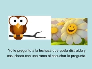 Yo le pregunto a la lechuza que vuela distraída y casi choca con una rama al escuchar la pregunta . 