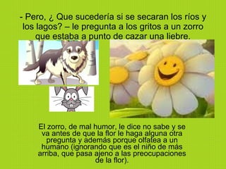 - Pero, ¿ Que sucedería si se secaran los ríos y los lagos? – le pregunta a los gritos a un zorro que estaba a punto de cazar una liebre. El zorro, de mal humor, le dice no sabe y se va antes de que la flor le haga alguna otra pregunta y además porque olfatea a un humano (ignorando que es el niño de más arriba, que pasa ajeno a las preocupaciones de la flor). 
