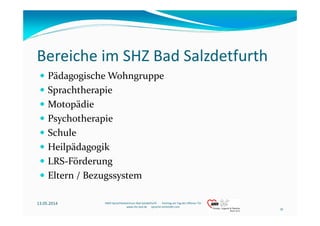 Bereiche im SHZ Bad Salzdetfurth
Pädagogische Wohngruppe 
Sprachtherapie
Motopädie
Psychotherapie
Schule
Heilpädagogik
LRS...