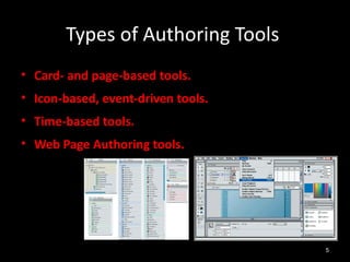 Types of Authoring Tools
• Card- and page-based tools.
• Icon-based, event-driven tools.
• Time-based tools.
• Web Page Authoring tools.




                                    5
 