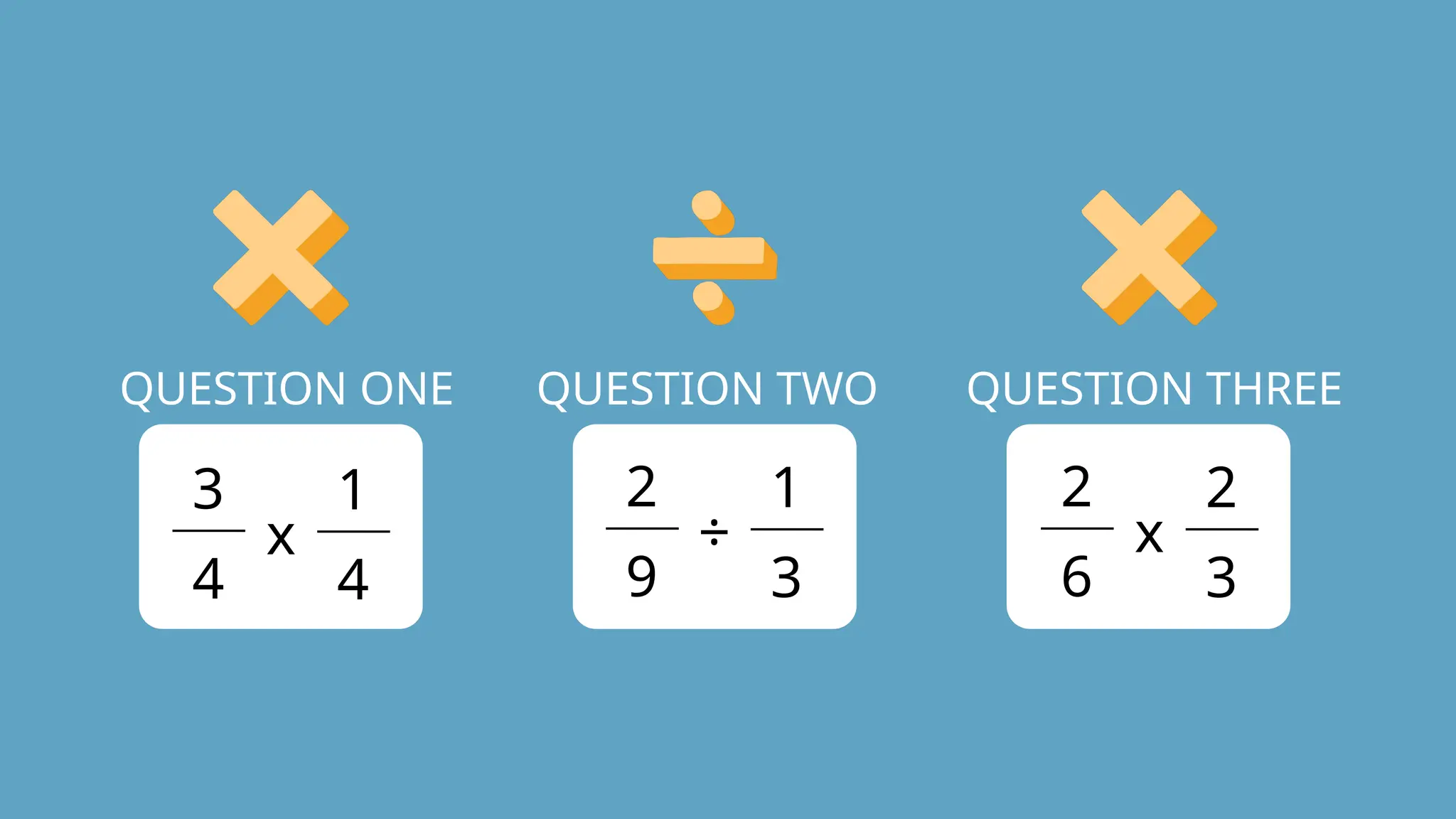 3
4
1
4
x
QUESTION ONE QUESTION TWO
2
6
2
3
x
2
9
1
3
÷
QUESTION THREE
 