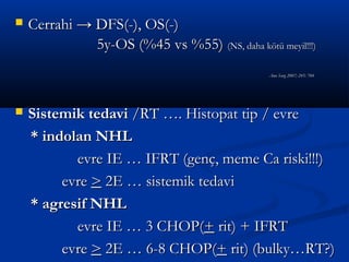    Cerrahi → DFS(-), OS(-)
              5y-OS (%45 vs %55) (NS, daha kötü meyil!!!)
                                                Ann Surg 2007; 245: 784




   Sistemik tedavi /RT …. Histopat tip / evre
    * indolan NHL
           evre IE … IFRT (genç, meme Ca riski!!!)
         evre > 2E … sistemik tedavi
    * agresif NHL
           evre IE … 3 CHOP(+ rit) + IFRT
         evre > 2E … 6-8 CHOP(+ rit) (bulky…RT?)
 