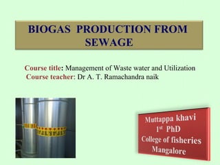 BIOGAS PRODUCTION FROM
SEWAGE

 

Course title: Management of Waste water and Utilization
Course teacher: Dr A. T. Ramachandra naik 

 