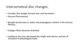 Intervertebral disc changes.
• Includes, Disc buldge, Annular tear, and Herniation.
• Vacuum Phenomenon
• Brought by decrease in water and proteoglycan content in the annulus
fibrosus.
• Collagen fibres becomes distorted.
• Leading to disc tear, decreased disc height and volume, and loss of
resistance to physiological loads.
 