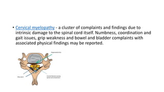 • Cervical myelopathy - a cluster of complaints and findings due to
intrinsic damage to the spinal cord itself. Numbness, coordination and
gait issues, grip weakness and bowel and bladder complaints with
associated physical findings may be reported.
 
