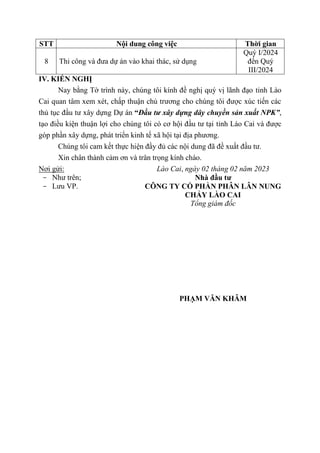 STT Nội dung công việc Thời gian
8 Thi công và đưa dự án vào khai thác, sử dụng
Quý I/2024
đến Quý
III/2024
IV. KIẾN NGHỊ
Nay bằng Tờ trình này, chúng tôi kính đề nghị quý vị lãnh đạo tỉnh Lào
Cai quan tâm xem xét, chấp thuận chủ trương cho chúng tôi được xúc tiến các
thủ tục đầu tư xây dựng Dự án “Đầu tư xây dựng dây chuyền sản xuất NPK”,
tạo điều kiện thuận lợi cho chúng tôi có cơ hội đầu tư tại tỉnh Lào Cai và được
góp phần xây dựng, phát triển kinh tế xã hội tại địa phương.
Chúng tôi cam kết thực hiện đầy đủ các nội dung đã đề xuất đầu tư.
Xin chân thành cảm ơn và trân trọng kính chào.
Nơi gửi:
- Như trên;
- Lưu VP.
Lào Cai, ngày 02 tháng 02 năm 2023
Nhà đầu tư
CÔNG TY CỔ PHẦN PHÂN LÂN NUNG
CHẢY LÀO CAI
Tổng giám đốc
PHẠM VĂN KHÂM
 