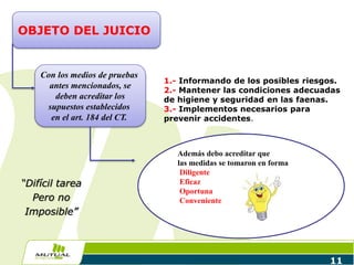1.- Informando de los posibles riesgos.
2.- Mantener las condiciones adecuadas
de higiene y seguridad en las faenas.
3.- Implementos necesarios para
prevenir accidentes.
“Difícil tarea
Pero no
Imposible”
11
OBJETO DEL JUICIO
Con los medios de pruebas
antes mencionados, se
deben acreditar los
supuestos establecidos
en el art. 184 del CT.
Además debo acreditar que
las medidas se tomaron en forma
Diligente
Eficaz
Oportuna
Conveniente
 