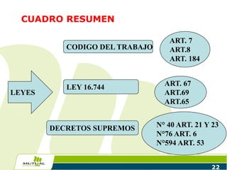 CUADRO RESUMEN
22
LEYES
CODIGO DEL TRABAJO
ART. 7
ART.8
ART. 184
LEY 16.744 ART. 67
ART.69
ART.65
DECRETOS SUPREMOS N° 40 ART. 21 Y 23
N°76 ART. 6
N°594 ART. 53
 