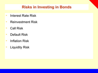 Risks in Investing in Bonds
• Interest Rate Risk
• Reinvestment Risk
• Call Risk
• Default Risk
• Inflation Risk
• Liquidity Risk
 