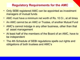Regulatory Requirements for the AMC
• Only SEBI registered AMC can be appointed as investment
managers of mutual funds
• AMC must have a minimum net worth of Rs. 10 Cr., at all times
• An AMC cannot be an AMC or Trustee, of another Mutual Fund
• AMC’s cannot indulge in any other business, other than that
of asset management
• At least half of the members of the Board of an AMC, have to
be independent
• The 4th Schedule of SEBI regulations spells out rights and
obligations of both trustees and AMC’s
 