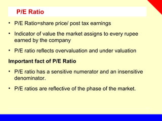 • P/E Ratio=share price/ post tax earnings
• Indicator of value the market assigns to every rupee
earned by the company
• P/E ratio reflects overvaluation and under valuation
Important fact of P/E Ratio
• P/E ratio has a sensitive numerator and an insensitive
denominator.
• P/E ratios are reflective of the phase of the market.
P/E Ratio
 