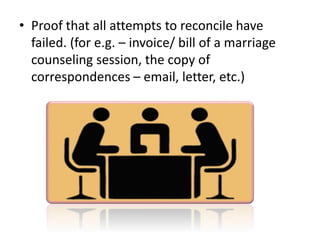 • Proof that all attempts to reconcile have
failed. (for e.g. – invoice/ bill of a marriage
counseling session, the copy of
correspondences – email, letter, etc.)
 