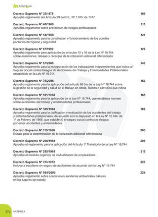 MUTUALEX274
Decreto Supremo Nº 33/1978	 109
Aprueba reglamento del Artículo 29 del D.L. Nº 1.819, de 1977
Decreto Supremo Nº 40/1969	 113
Aprueba reglamento sobre prevención de riesgos profesionales
Decreto Supremo Nº 54/1969	 121
Aprueba reglamento para la constitución y funcionamiento de los comités
paritarios de higiene y seguridad
Decreto Supremo Nº 67/1999	 129
Aprueba reglamento para aplicación de artículos 15 y 16 de la Ley Nº 16.744,
sobre exenciones, rebajas y recargos de la cotización adicional diferenciada
Decreto Supremo Nº 67/2008	 143
Aprueba reglamento para la incorporación de los trabajadores independientes que indica al
Seguro Social contra Riesgos de Accidentes del Trabajo y Enfermedades Profesionales
establecido en la Ley Nº 16.744.
Decreto Supremo Nº 76/2006	 153
Aprueba reglamento para la aplicación del artículo 66 bis de la Ley Nº 16.744 sobre
la gestión de la seguridad y salud en el trabajo en obras, faenas o servicios que indica
Decreto Supremo Nº 101/1968	 165
Aprueba reglamento para la aplicación de la Ley Nº 16.744, que establece normas
sobre accidentes del trabajo y enfermedades profesionales
Decreto Supremo Nº 109/1968	 189
Aprueba reglamento para la calificación y evaluación de los accidentes del trabajo
y enfermedades profesionales, de acuerdo con lo dispuesto en la Ley Nº 16.744, de
1º de Febrero de 1968, que estableció el seguro social contra los riesgos
por estos accidentes y enfermedades
Decreto Supremo Nº 110/1968	 205
Escala para la determinación de la cotización adicional diferenciada
Decreto Supremo Nº 208/1968	 209
Aprueba el reglamento para la aplicación del Artículo 1º Transitorio de la Ley Nº 16.744
Decreto Supremo Nº 285/1969	 215
Aprueba el estatuto orgánico de mutualidades de empleadores
Decreto Supremo Nº 313/1972	 223
Incluye a escolares en seguro de accidentes de acuerdo con la Ley Nº 16.744
Decreto Supremo Nº 594/2000	 229
Aprueba reglamento sobre condiciones sanitarias ambientales básicas
en los lugares de trabajo
 