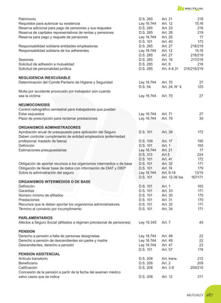 MUTUALEX 287
Patrimonio	 D.S. 285	 Art. 21	 218
Requisitos para autorizar su existencia 	 Ley 16.744	 Art. 12	 15,16
Reserva adicional para pago de pensiones y sus reajustes 	 D.S. 285	 Art. 23	 218
Reserva de capitales representativos de rentas y pensiones	 D.S. 285	 Art. 28	 219
Reserva para pago y reajuste de pensiones 	 Ley 16.744	 Art. 20	 17
	 D.S. 101	 Art. 40	 172
Responsabilidad solidaria entidades empleadoras 	 D.S. 285	 Art. 27	 218/219
Responsabilidad solidaria de los adherentes 	 Ley 16.744	 Art. 12	 15,16
	 D.S. 285	 Art. 27	 218/219
Sesiones	 D.S. 285	 Art. 19	 217/218
Solicitud de adhesión a mutualidad 	 D.S. 285	 Art. 8	 216
Solicitud de personalidad jurídica 	 D.S. 285	 Art. 4-6,31	 215/216/219
NEGLIGENCIA INEXCUSABLE
Determinación del Comité Paritario de Higiene y Seguridad	 Ley 16.744	 Art. 70	 27
	 D.S. 54	 Art. 24, N° 4	 125
Multa por accidente provocado por trabajador aún cuando
sea la victima	 Ley 16.744	 Art. 70	 27
NEUMOCONIOSIS
Control radiográfico semestral para trabajadores que puedan
Estar expuestos 	 Ley 16.744	 Art. 71	 27
Plazo de prescripción para reclamar prestaciones 	 Ley 16.744	 Art. 79	 30
ORGANISMOS ADMINISTRADORES
Aprobación anual de presupuesto para aplicación del Seguro	 D.S. 101	 Art. 39	 172
Deben controlar cumplimiento de entidad empleadora (enfermedad
profesional; traslado de faena) 	 D.S. 109	 Art. 17	 190
Definición	 D.S. 101	 Art. 1	 165
Estimaciones presupuestarias 	 Ley 16.744	 Art. 21	 17
	 D.S. 313	 Art.5	 224
	 D.S. 101	 Art. 41	 172
Obligación de aportar recursos a los organismos intermedios o de base	 D.S. 101	 Art. 32	 171
Obligación de llevar base de datos con información de DIAT y DIEP	 D.S. 101	 Art. 74	 179
Sobre la administración del seguro	 Ley 16.744	 Art. 8-14	 13/15
	 D.S. 101	 Art. 12-36 bis	 167/171
ORGANISMOS INTERMEDIOS O DE BASE
Definición	 D.S. 101	 Art. 1	 165
Garantías 	 D.S. 101	 Art. 33	 171
Número mínimo de afiliados	 D.S. 101	 Art. 30	 170
Prestaciones 	 D.S. 101	 Art. 31	 170
Recursos que le deben aportar los organismos administradores 	 D.S. 101	 Art. 32	 171
Término al convenio por incumplimiento 	 D.S. 101	 Art, 34	 171
PARLAMENTARIOS
Afectos a Seguro Social (afiliados a régimen previsional de pensiones)	 Ley 19.345	 Art. 7	 45
PENSION
Derecho a pensión a falta de personas designadas 	 Ley 16.744	 Art. 48	 22
Derecho a pensión de descendientes sin padre y madre 	 Ley 16.744	 Art. 49	 22
Descendientes, derecho a pensión	 Ley 16.744	 Art. 47	 22
	 D.S. 101	 Art. 57	 174
PENSION ASISTENCIAL
Artículo transitorio	 D.S. 208	 Art. trans.	 212
Beneficiario	 D.S. 208	 Art. 2	 209
Calificación 	 D.S. 208	 Art. 3-6	 209/210
Concesión de la pensión a partir de la fecha del examen médico
salvo casos que se indica 	 D.S. 208	 Art. 12	 211
 
