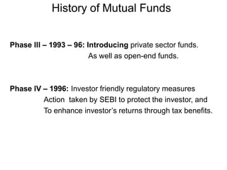 History of Mutual Funds
Phase III – 1993 – 96: Introducing private sector funds.
As well as open-end funds.
Phase IV – 1996: Investor friendly regulatory measures
Action taken by SEBI to protect the investor, and
To enhance investor’s returns through tax benefits.
 
