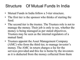 Structure Of Mutual Funds In India
• Mutual Funds in India follow a 3-tier structure.
• The first tier is the sponsor who thinks of starting the
fund.
• The second tier is the trustee. The Trustees role is not to
manage the money. Their job is only to see, whether the
money is being managed as per stated objectives.
Trustees may be seen as the internal regulators of a
mutual fund.
• Trustees appoint the Asset Management Company
(AMC) who form the third tier, to manage investor’s
money. The AMC in return charges a fee for the
services provided and this fee is borne by the investors
as it is deducted from the money collected from them
 