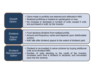 • Gains made in portfolio are retained and reflectedin NAV.
• Realized profit/loss is treated as capital gains or loss.
• No increase or decrease in number of units, except if units
are purchased or sold, by the investor.
Growth
Option
• Fund declares dividend from realized profits.
• Amount and frequency varies and depends upon distributable
surplus.
• NAV falls after dividend payout to the extent of dividend paid.
Dividend
Payout
Option
• Dividend is re-invested in same scheme by buying additional
units at ex-dividend NAV.
• Number of units standing to the credit of the investor,
increases each time a dividend is declared, and reinvested
back into the scheme.
Dividend
Reinvestment
Option
 