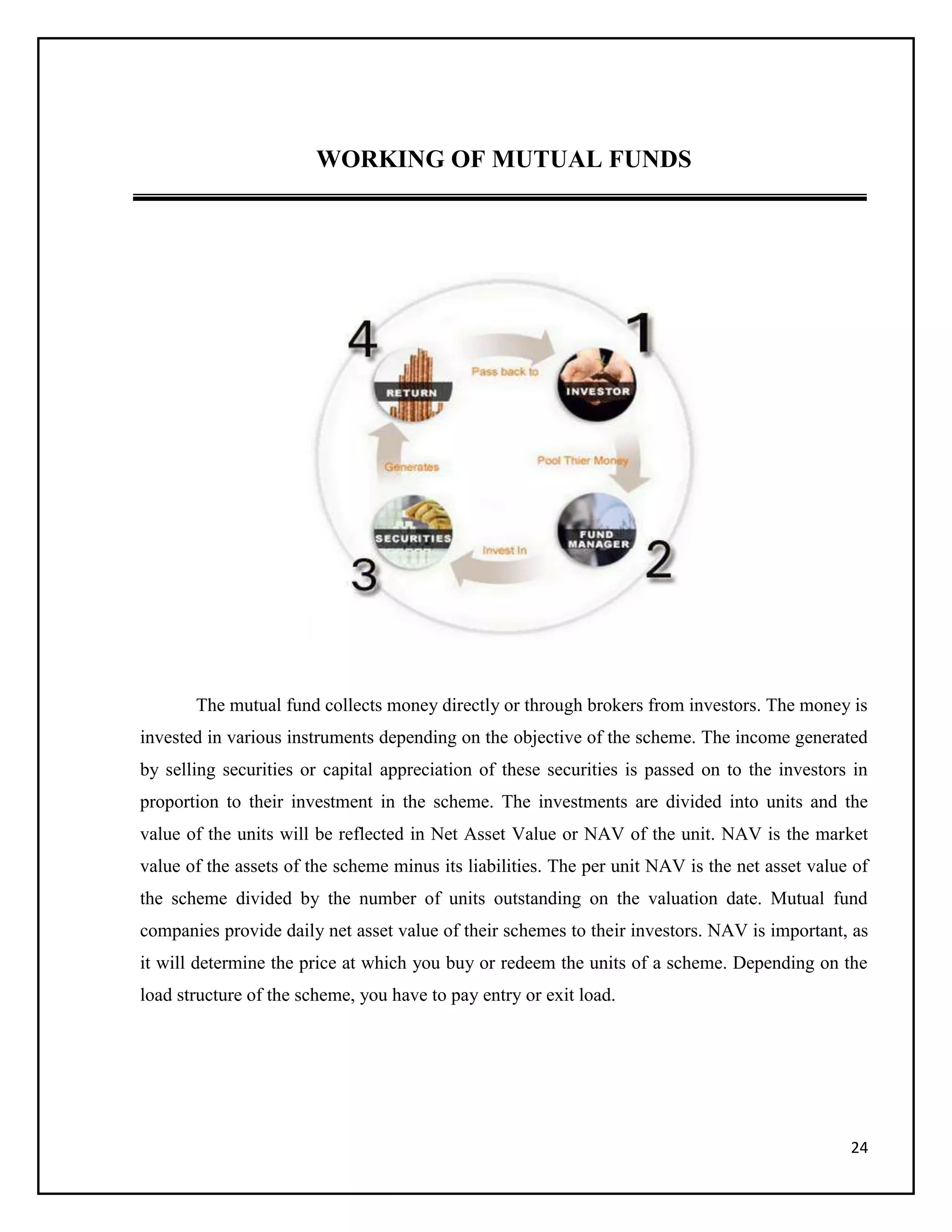 24
WORKING OF MUTUAL FUNDS
The mutual fund collects money directly or through brokers from investors. The money is
invested in various instruments depending on the objective of the scheme. The income generated
by selling securities or capital appreciation of these securities is passed on to the investors in
proportion to their investment in the scheme. The investments are divided into units and the
value of the units will be reflected in Net Asset Value or NAV of the unit. NAV is the market
value of the assets of the scheme minus its liabilities. The per unit NAV is the net asset value of
the scheme divided by the number of units outstanding on the valuation date. Mutual fund
companies provide daily net asset value of their schemes to their investors. NAV is important, as
it will determine the price at which you buy or redeem the units of a scheme. Depending on the
load structure of the scheme, you have to pay entry or exit load.
 