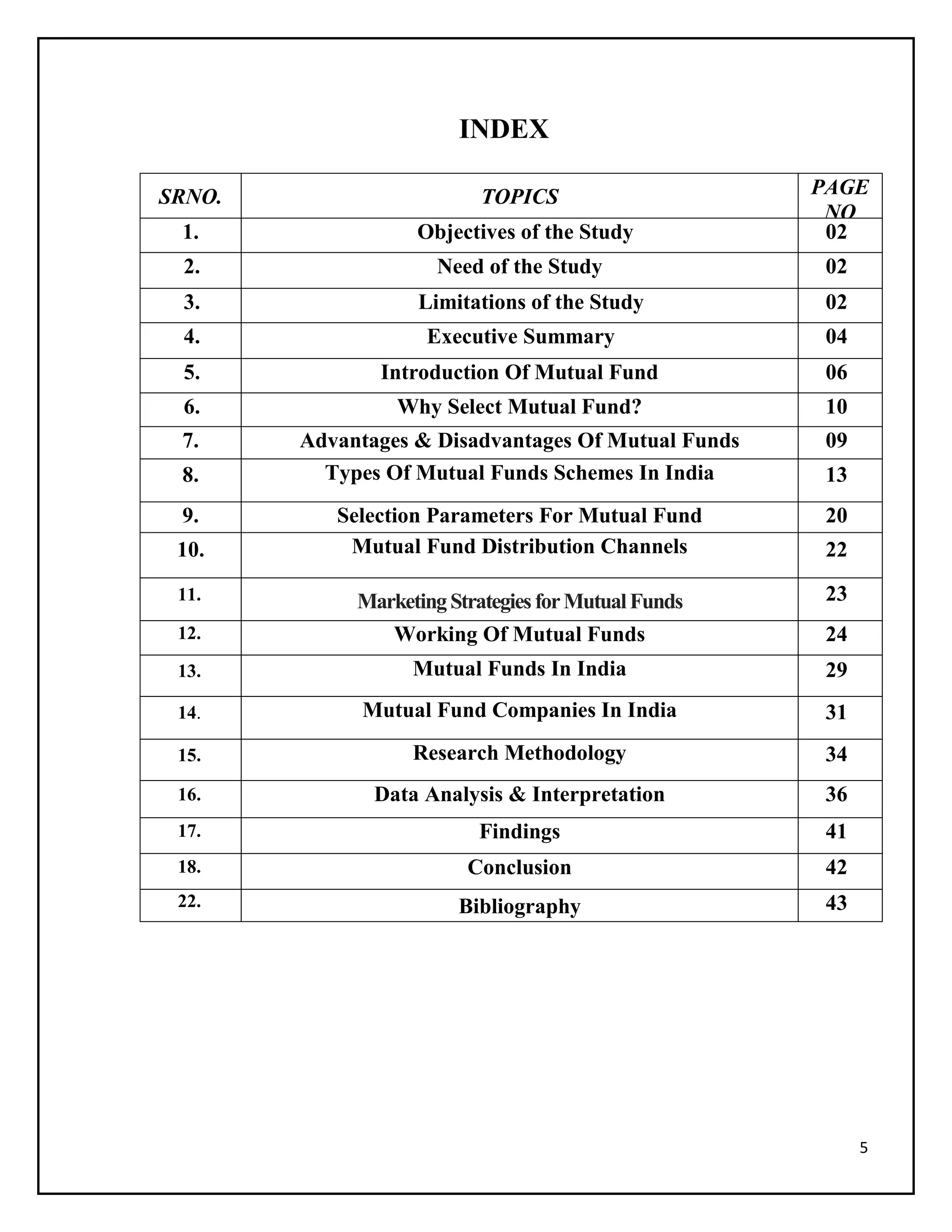 5
INDEX
SRNO. TOPICS PAGE
NO
1. Objectives of the Study 02
2. Need of the Study 02
3. Limitations of the Study 02
4. Executive Summary 04
5. Introduction Of Mutual Fund 06
6. Why Select Mutual Fund? 10
7. Advantages & Disadvantages Of Mutual Funds 09
8. Types Of Mutual Funds Schemes In India 13
9. Selection Parameters For Mutual Fund 20
10. Mutual Fund Distribution Channels 22
11. MarketingStrategiesforMutualFunds 23
12. Working Of Mutual Funds 24
13. Mutual Funds In India 29
14. Mutual Fund Companies In India 31
15. Research Methodology 34
16. Data Analysis & Interpretation 36
17. Findings 41
18. Conclusion 42
22. Bibliography 43
 