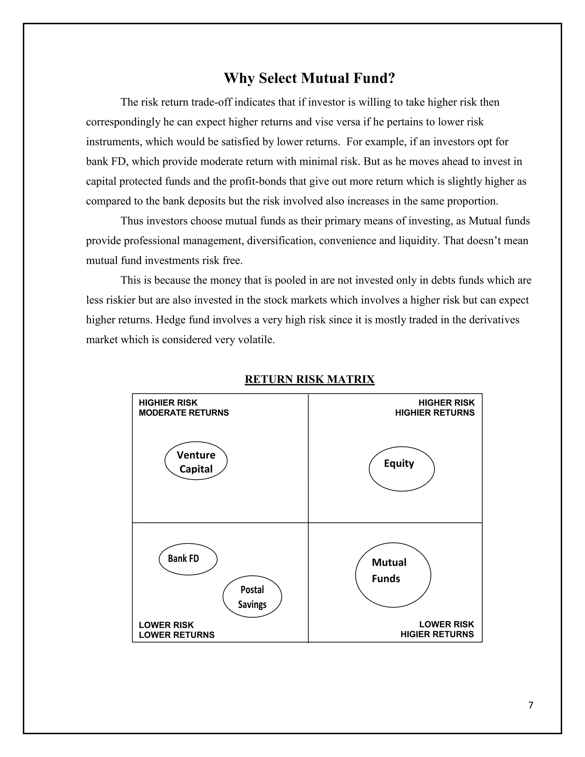 7
Why Select Mutual Fund?
The risk return trade-off indicates that if investor is willing to take higher risk then
correspondingly he can expect higher returns and vise versa if he pertains to lower risk
instruments, which would be satisfied by lower returns. For example, if an investors opt for
bank FD, which provide moderate return with minimal risk. But as he moves ahead to invest in
capital protected funds and the profit-bonds that give out more return which is slightly higher as
compared to the bank deposits but the risk involved also increases in the same proportion.
Thus investors choose mutual funds as their primary means of investing, as Mutual funds
provide professional management, diversification, convenience and liquidity. That doesn’t mean
mutual fund investments risk free.
This is because the money that is pooled in are not invested only in debts funds which are
less riskier but are also invested in the stock markets which involves a higher risk but can expect
higher returns. Hedge fund involves a very high risk since it is mostly traded in the derivatives
market which is considered very volatile.
RETURN RISK MATRIX
Mutual
Funds
Equity
Bank FD
Postal
Savings
Venture
Capital
HIGHER RISK
HIGHIER RETURNS
LOWER RISK
HIGIER RETURNS
LOWER RISK
LOWER RETURNS
HIGHIER RISK
MODERATE RETURNS
 