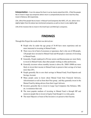 Interpretation - From this above Pie Chart it can be clearly stated that 45% , 17%of the people
like to invest in large cap companies where return is comparatively less but risk is low thus they
invest in Reliance, SBI respectively.
15%, 10% of the people like to invest in Mutual Fund Companies like HDFC, UTI, etc. where risk is
slightly higher than the above two mentioned companies as well as return is also slightly high
13% of the investors like to invest in the Small Cap’s and Mid Cap’s companies.
FINDINGS
Through this Project the results that was derived are-
 People who lie under the age group of 36-40 have more experience and are
more interested in investing in Mutual Funds.
 There was a lot of lack of awareness or ignorance, that’s why out of 200 people,
120 people have invested in Mutual Fund and 80 people is unaware of investing
in Mutual Funds.
 Generally, People employed in Private sectors and Businessman are more likely
to invest in Mutual Funds, than other people working in other professions.
 Generally investors whose monthly income is above Rs. 20001-30000 are more
likely to invest their income in Mutual Fund, to preserve their savings of at least
more than 20%.
 People generally like to save their savings in Mutual Fund, Fixed Deposits and
Savings Account.
 Many people came to know about Mutual Fund from Financial Advisors,
Advertisement as well as from their Peer group , and they generally invest in the
Mutual Fund by taking advices from their Legal Advisors.
 Investors generally like to invest in Large Cap Companies like Reliance, SBI,
etc. to minimize their risk.
 The most popular medium of investing in Mutual Fund is through SIP and
moreover people like to invest in Equity Fund though it is a risky game.
 The main Objective of most of the Investors is to preserve their Income.
47
 