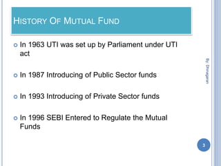 HISTORY OF MUTUAL FUND
 In 1963 UTI was set up by Parliament under UTI
act
 In 1987 Introducing of Public Sector funds
 In 1993 Introducing of Private Sector funds
 In 1996 SEBI Entered to Regulate the Mutual
Funds
3
By:Dhinagaran
 