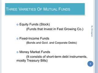 THREE VARIETIES OF MUTUAL FUNDS
 Equity Funds (Stock)
(Funds that Invest in Fast Growing Co.)
 Fixed-Income Funds
(Bonds and Govt. and Corporate Debts)
 Money Market Funds
(It consists of short-term debt instruments,
mostly Treasury Bills)
5
By:Dhinagaran
 
