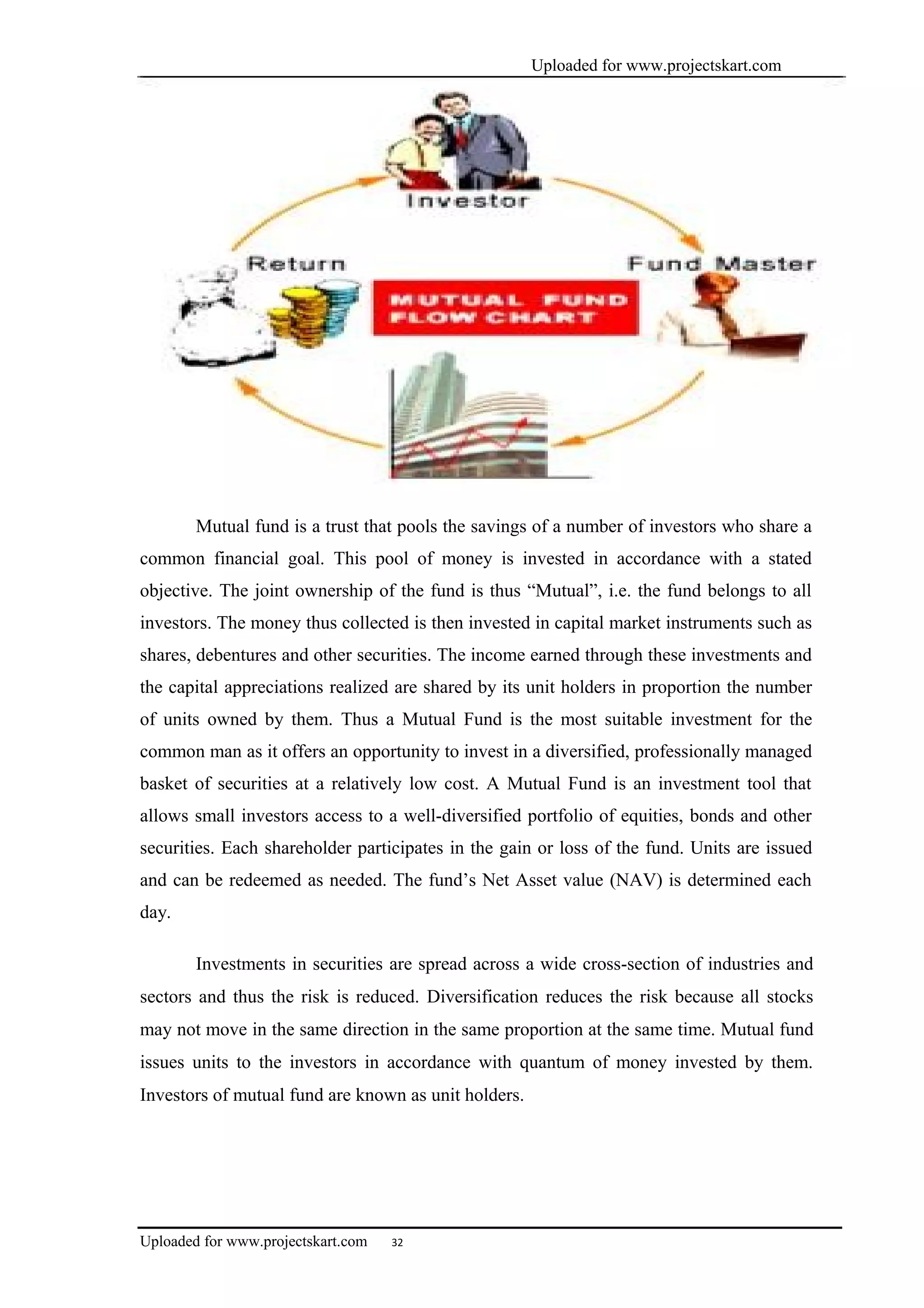 Uploaded for www.projectskart.com
Mutual fund is a trust that pools the savings of a number of investors who share a
common financial goal. This pool of money is invested in accordance with a stated
objective. The joint ownership of the fund is thus “Mutual”, i.e. the fund belongs to all
investors. The money thus collected is then invested in capital market instruments such as
shares, debentures and other securities. The income earned through these investments and
the capital appreciations realized are shared by its unit holders in proportion the number
of units owned by them. Thus a Mutual Fund is the most suitable investment for the
common man as it offers an opportunity to invest in a diversified, professionally managed
basket of securities at a relatively low cost. A Mutual Fund is an investment tool that
allows small investors access to a well-diversified portfolio of equities, bonds and other
securities. Each shareholder participates in the gain or loss of the fund. Units are issued
and can be redeemed as needed. The fund’s Net Asset value (NAV) is determined each
day.
Investments in securities are spread across a wide cross-section of industries and
sectors and thus the risk is reduced. Diversification reduces the risk because all stocks
may not move in the same direction in the same proportion at the same time. Mutual fund
issues units to the investors in accordance with quantum of money invested by them.
Investors of mutual fund are known as unit holders.
Uploaded for www.projectskart.com 32
 