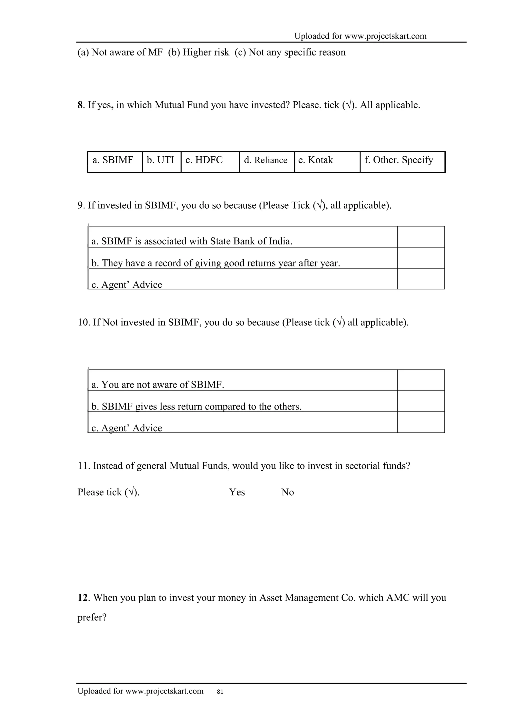 Uploaded for www.projectskart.com
(a) Not aware of MF (b) Higher risk (c) Not any specific reason
8. If yes, in which Mutual Fund you have invested? Please. tick (√). All applicable.
a. SBIMF b. UTI c. HDFC d. Reliance e. Kotak f. Other. Specify
9. If invested in SBIMF, you do so because (Please Tick (√), all applicable).
a. SBIMF is associated with State Bank of India.
b. They have a record of giving good returns year after year.
c. Agent’ Advice
10. If Not invested in SBIMF, you do so because (Please tick (√) all applicable).
a. You are not aware of SBIMF.
b. SBIMF gives less return compared to the others.
c. Agent’ Advice
11. Instead of general Mutual Funds, would you like to invest in sectorial funds?
Please tick (√). Yes No
12. When you plan to invest your money in Asset Management Co. which AMC will you
prefer?
Uploaded for www.projectskart.com 81
 